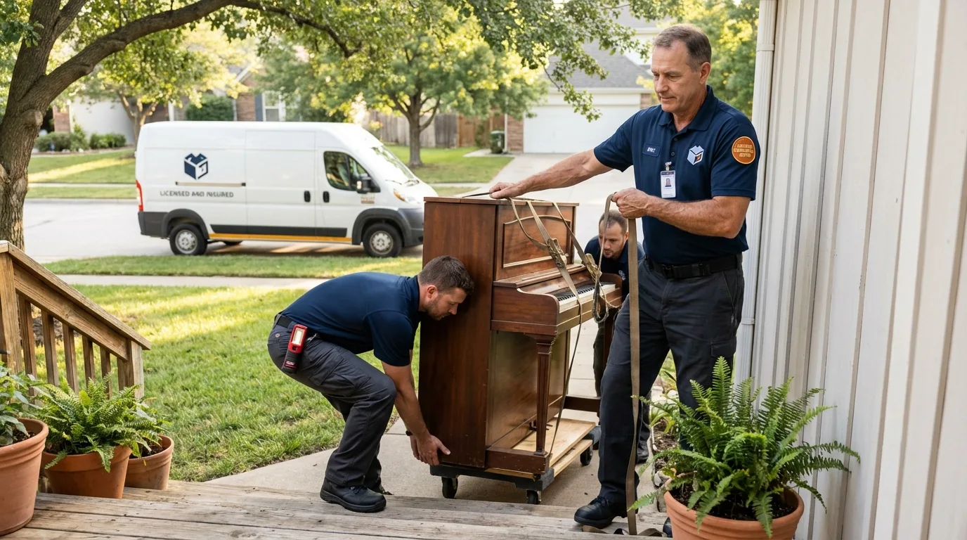 Licensed piano movers securing grand piano in Brielle, NJ