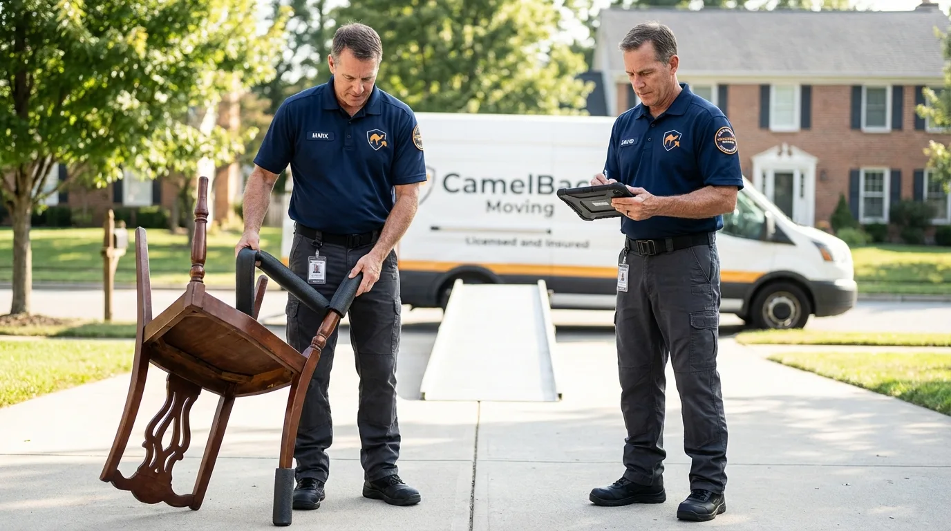 Movers inspecting furniture for damage prevention before loading in Brielle, NJ
